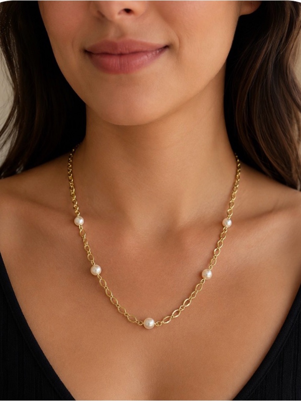 Rachel signed Gold tone Chain Necklace with faux Peach Pearl Beads.